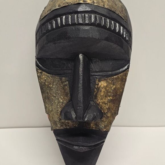 Vintage hand carved brass Inlay African tribal mask - Picture 2 of 8